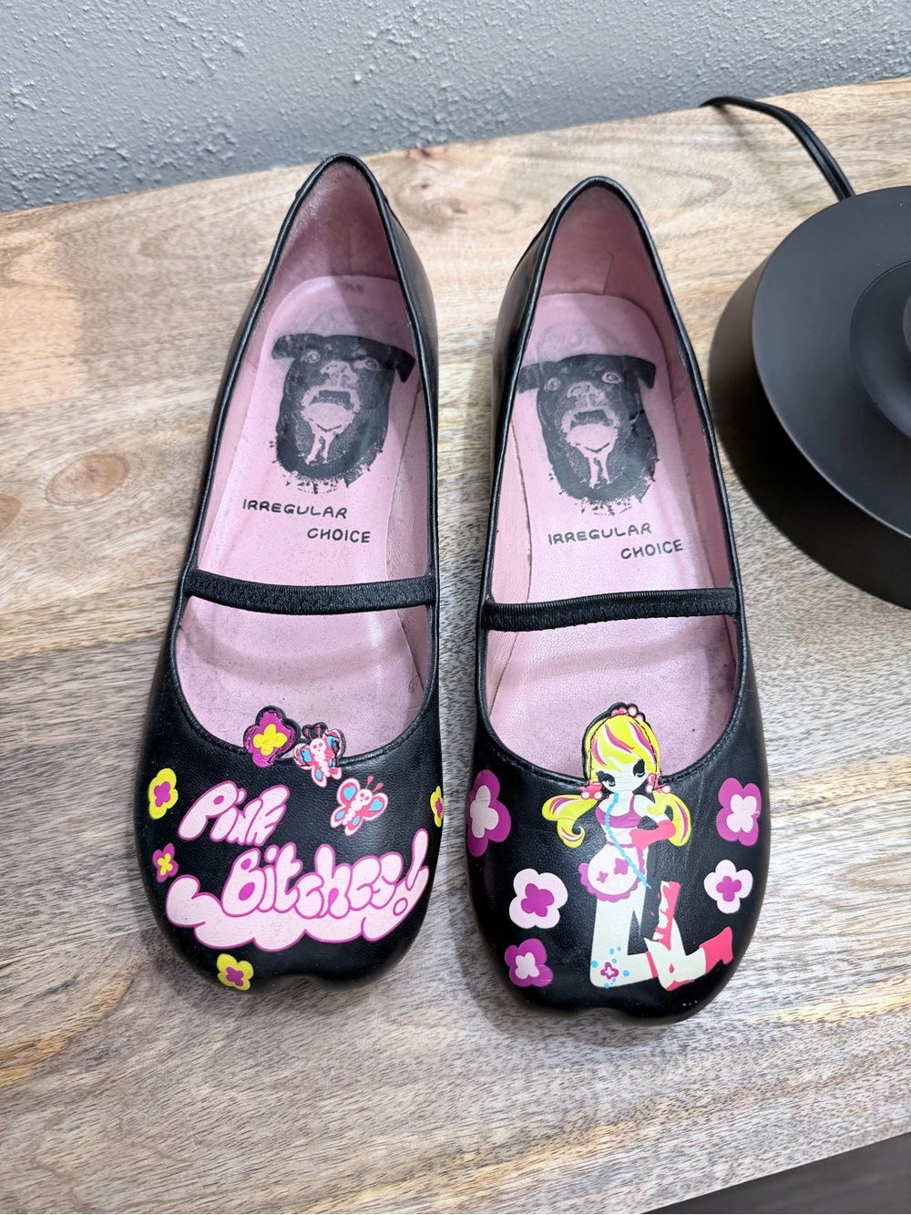 Irregular Choice Black Flats with Pink Graphic Accents